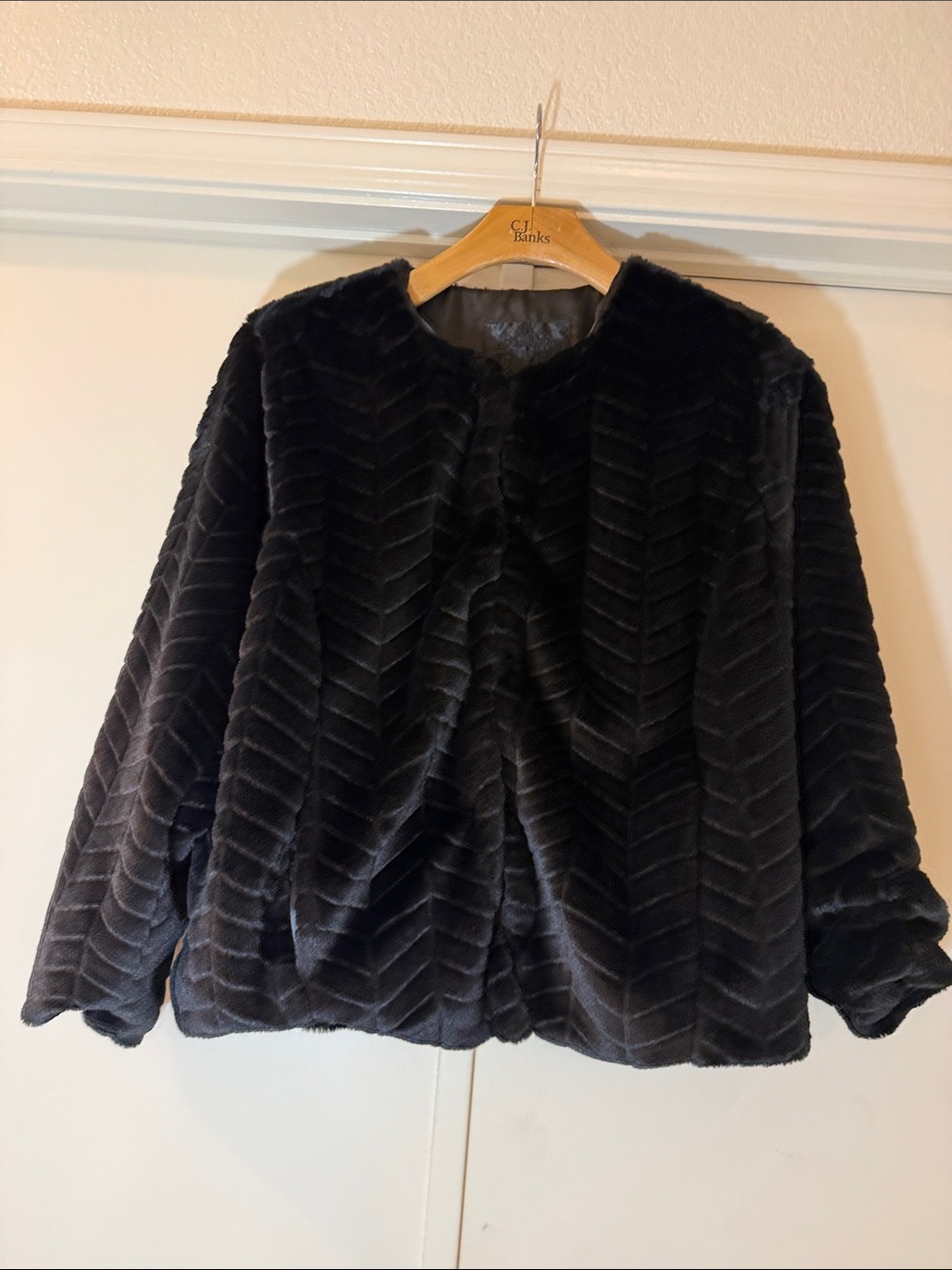Black Faux Fur Chevron Jacket with pockets and hook and eye closures Women